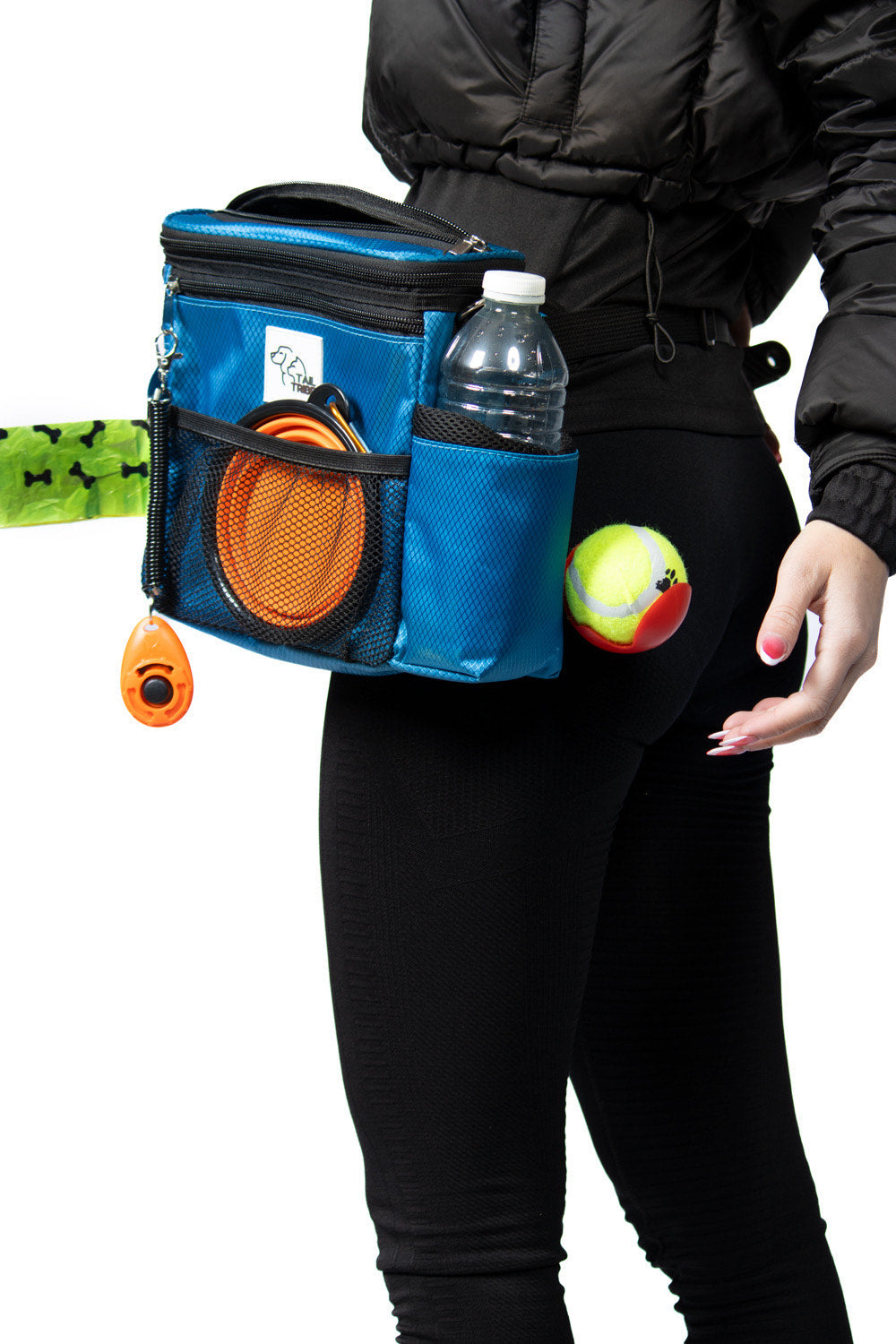 TAIL TRIBE Dog Walking Bag. UK Brand dog treat pouch includes removable liner, dog walking accessories water bowl, poop bags & training clicker