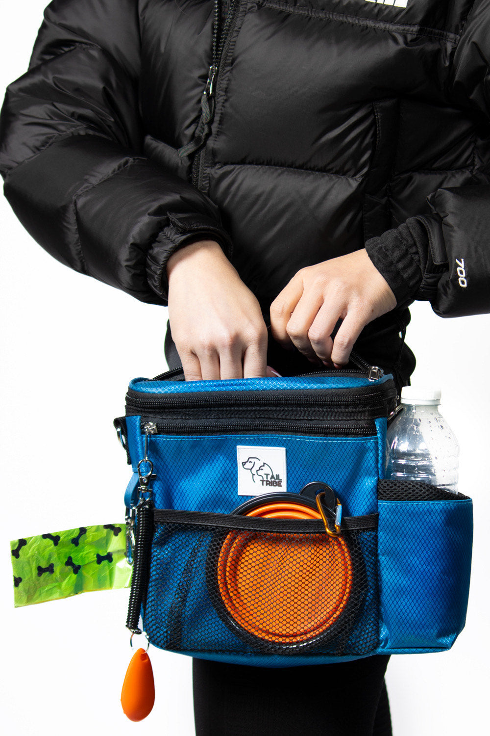 TAIL TRIBE Dog Walking Bag. UK Brand dog treat pouch includes removable liner, dog walking accessories water bowl, poop bags & training clicker