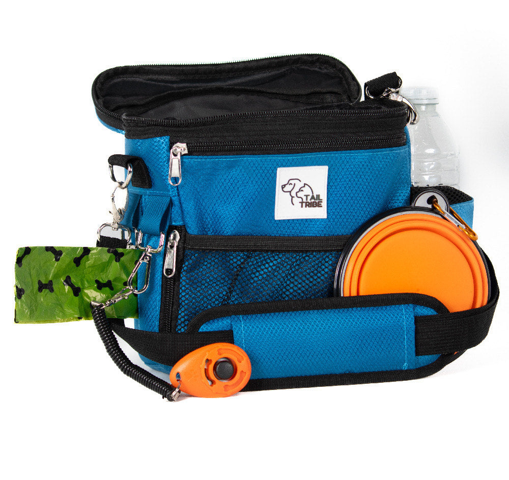 TAIL TRIBE Dog Walking Bag. UK Brand dog treat pouch includes removable liner, dog walking accessories water bowl, poop bags & training clicker