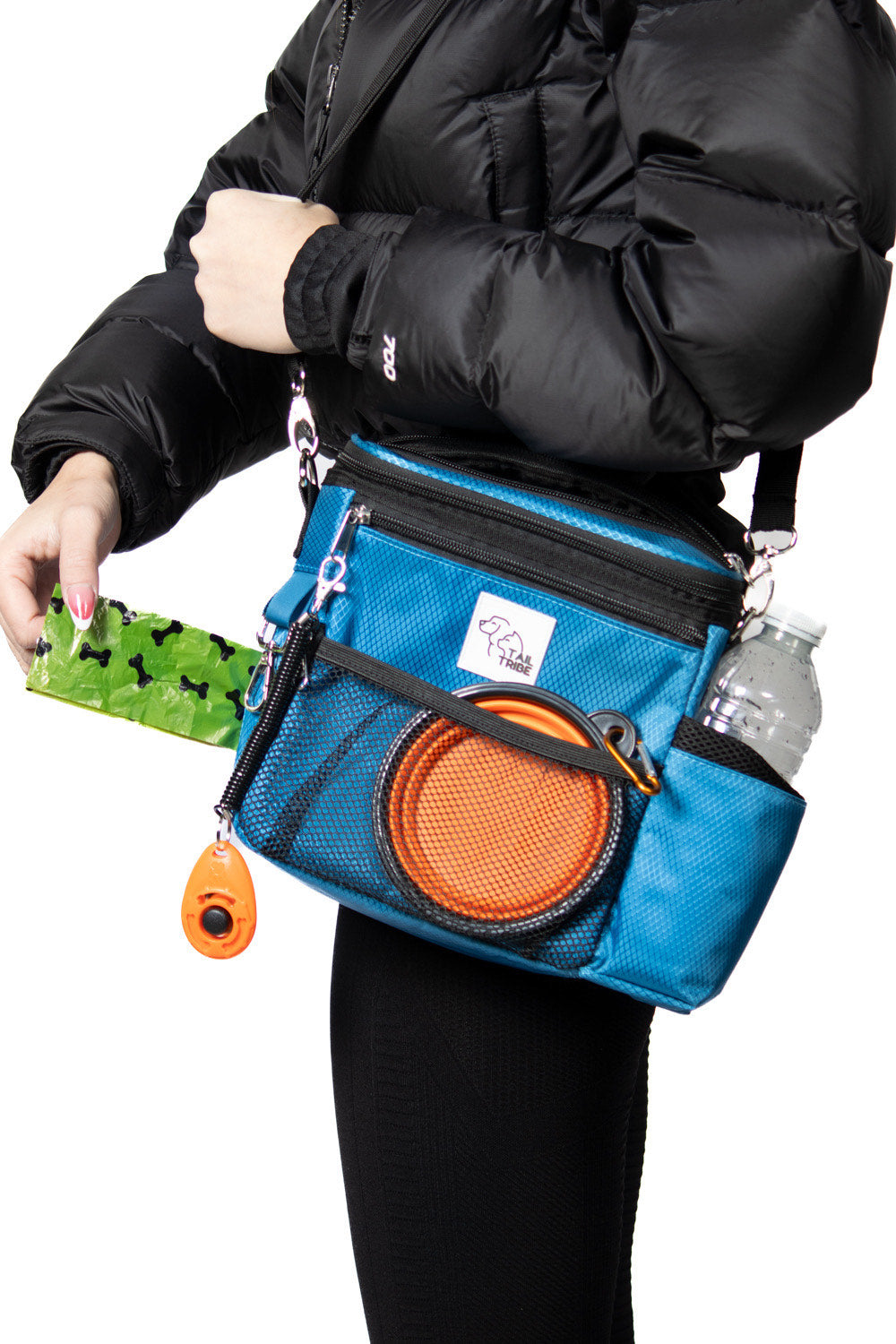 TAIL TRIBE Dog Walking Bag. UK Brand dog treat pouch includes removable liner, dog walking accessories water bowl, poop bags & training clicker