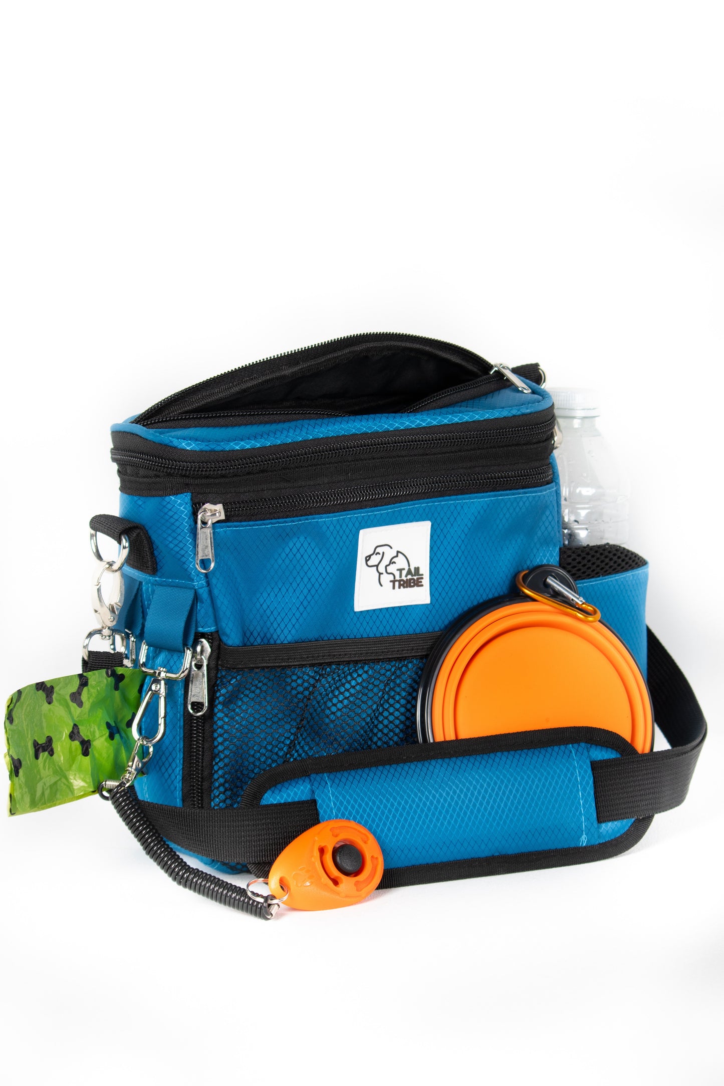 TAIL TRIBE Dog Walking Bag. UK Brand dog treat pouch includes removable liner, dog walking accessories water bowl, poop bags & training clicker