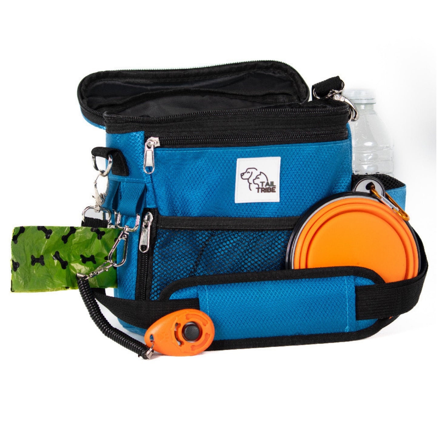 TAIL TRIBE Dog Walking Bag. UK Brand dog treat pouch includes removable liner, dog walking accessories water bowl, poop bags & training clicker