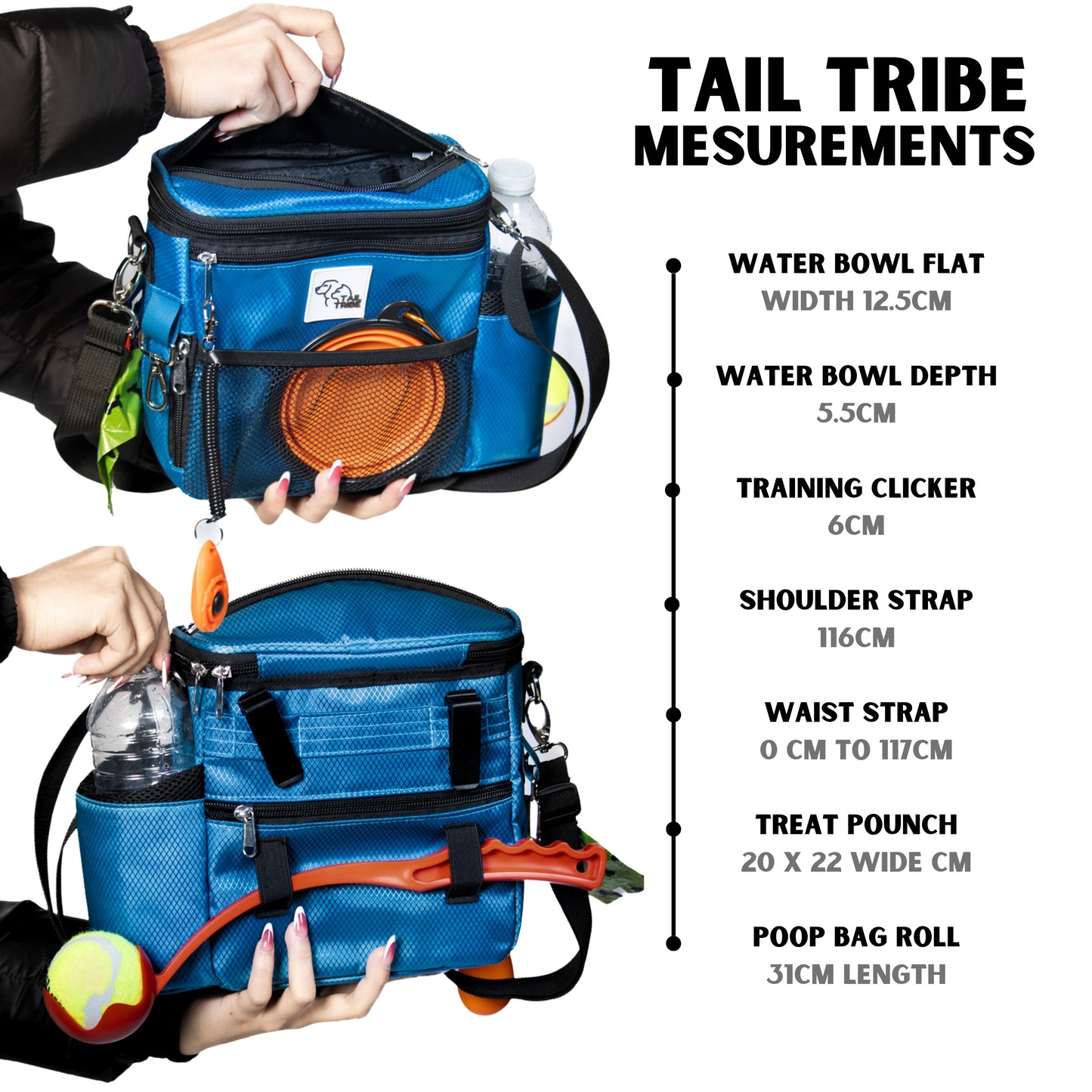 TAIL TRIBE Dog Walking Bag. UK Brand dog treat pouch includes removable liner, dog walking accessories water bowl, poop bags & training clicker