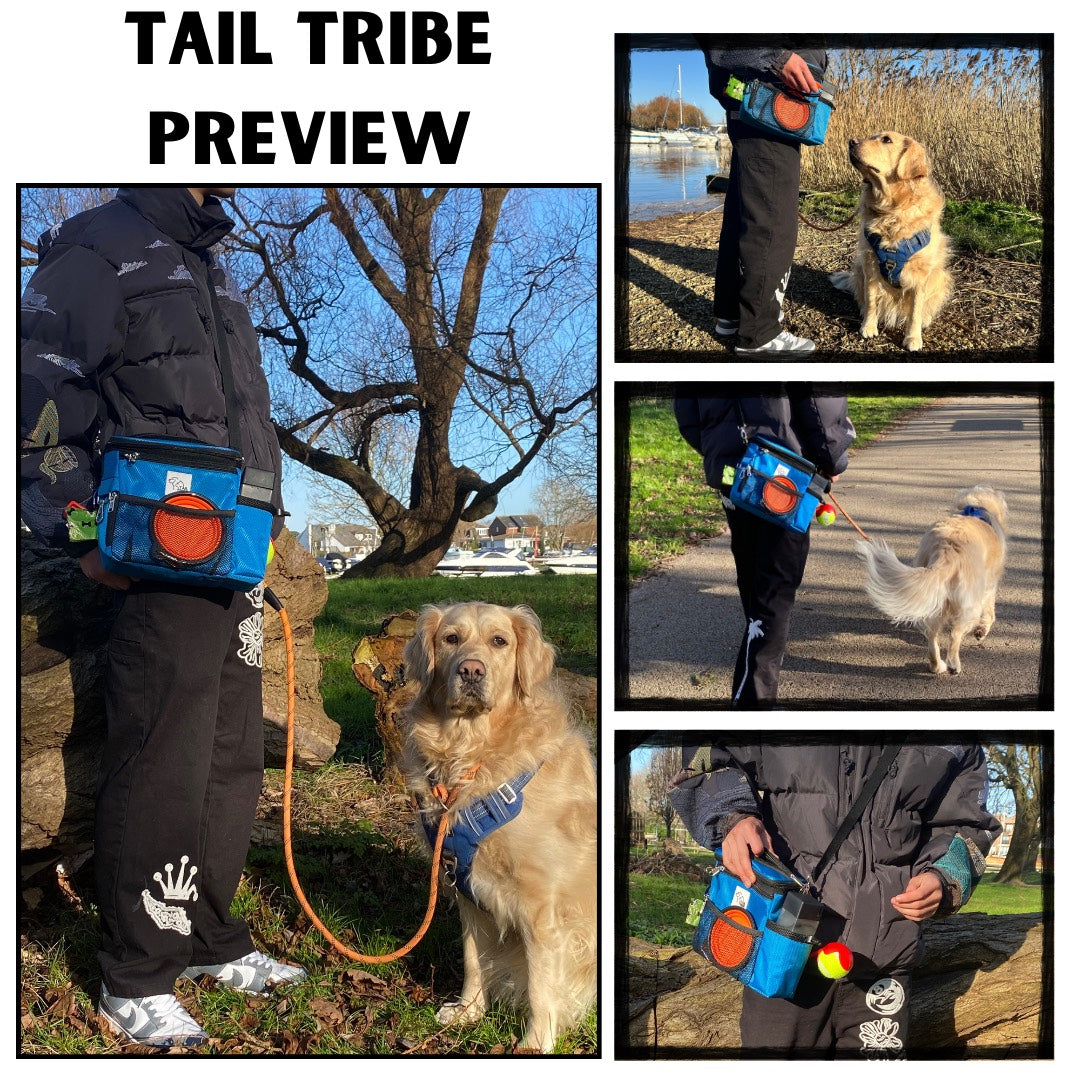 TAIL TRIBE Dog Walking Bag. UK Brand dog treat pouch includes removable liner, dog walking accessories water bowl, poop bags & training clicker