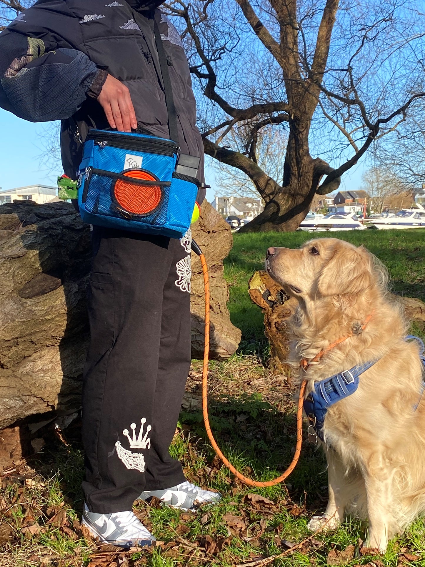 TAIL TRIBE Dog Walking Bag. UK Brand dog treat pouch includes removable liner, dog walking accessories water bowl, poop bags & training clicker