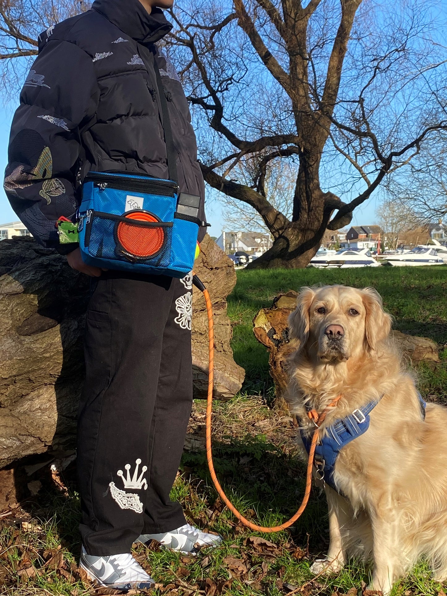 TAIL TRIBE Dog Walking Bag. UK Brand dog treat pouch includes removable liner, dog walking accessories water bowl, poop bags & training clicker