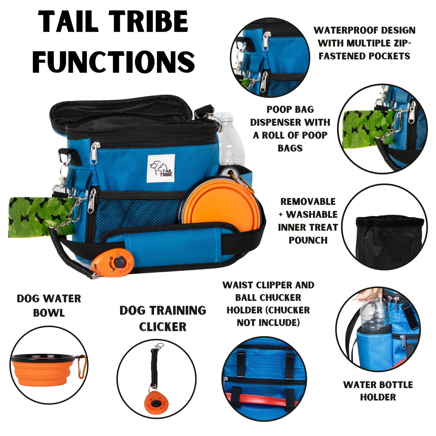 TAIL TRIBE Dog Walking Bag. UK Brand dog treat pouch includes removable liner, dog walking accessories water bowl, poop bags & training clicker