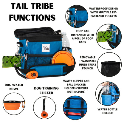 TAIL TRIBE Dog Walking Bag. UK Brand dog treat pouch includes removable liner, dog walking accessories water bowl, poop bags & training clicker