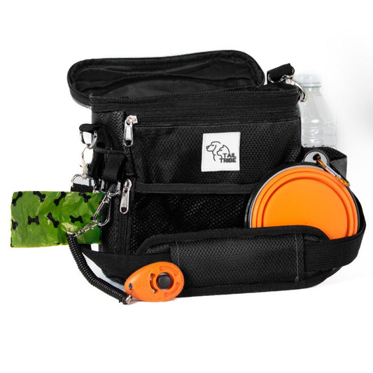 TAIL TRIBE Dog Walking Bag. UK Brand dog treat pouch includes removable liner, dog walking accessories water bowl, poop bags & training clicker (Black))
