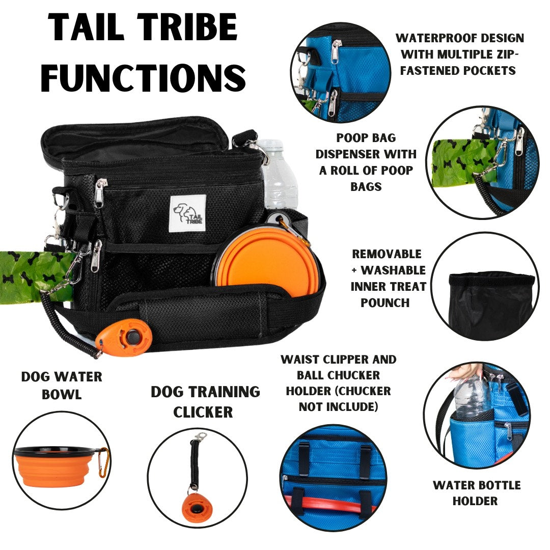 TAIL TRIBE Dog Walking Bag. UK Brand dog treat pouch includes removable liner, dog walking accessories water bowl, poop bags & training clicker (Black))