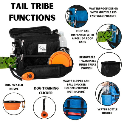 TAIL TRIBE Dog Walking Bag. UK Brand dog treat pouch includes removable liner, dog walking accessories water bowl, poop bags & training clicker (Black))