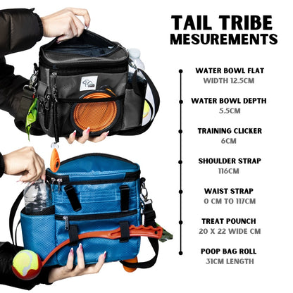 TAIL TRIBE Dog Walking Bag. UK Brand dog treat pouch includes removable liner, dog walking accessories water bowl, poop bags & training clicker (Black))